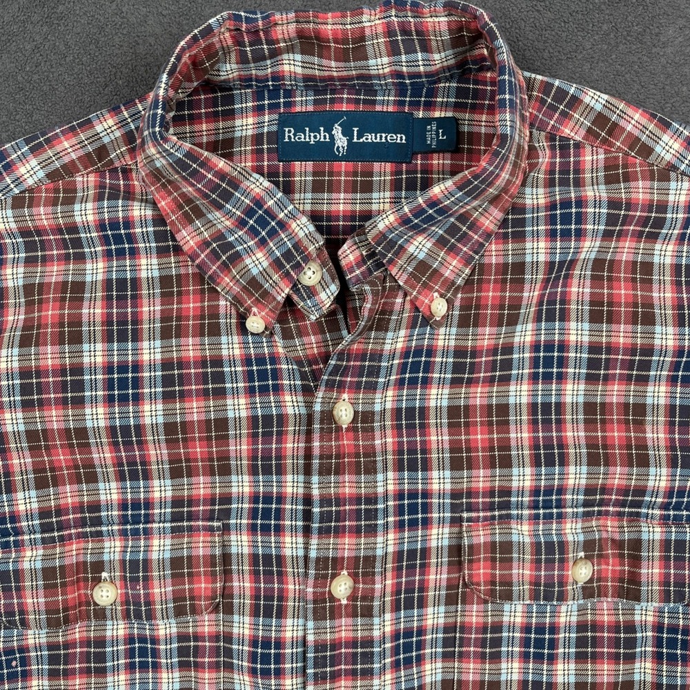 Ralph Lauren Shirt Mens Large Red Plaid Suede Elbow Patch Flap Pocket Button Up